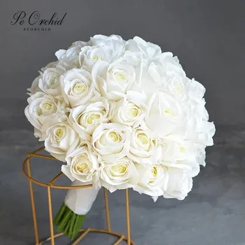 PEORCHID Exemplo de Marfim Branco, Rosas, Bouquet de Noiva Artificial Noiva Mão Segurando Flores Artificiais Bouquets de Casamento ramos para novias