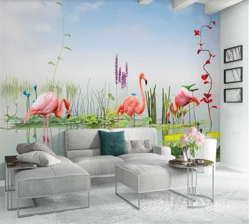 Personalizados em 3D papel de parede mural moderno, simples, fresco pequeno lotus pond planta flamingo TV na parede do fundo