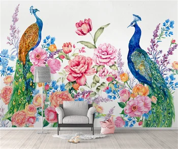 Personalizar qualquer tamanho 3D papel de parede adesivos Nórdicos aquarela pintada à mão pavão de flores e de aves, imagem de plano de fundo wallwallpaper