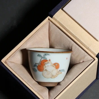 Pintada a mão de gato bonito caqui Tampa de Cerâmica Tigela Xícara (chá) Gaiwan Tigela de Chá de Kung Fu Puer Tes Conjunto de Xícara de Chá de Copos de Vinho, Conjunto Dom