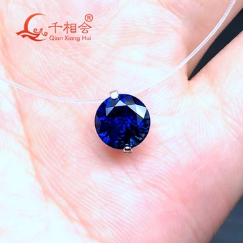 Prata 925 forma redonda de 8mm 390mm de peixe linha invisível simulação Artificial safira azul pingente de colar de jóias