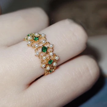 Prata Embutidos de Diamante Verde Pérola de Malha Oco Anel de Noivado de Abertura Ajustável Luz Elegante de Luxo, Mulheres de Jóias