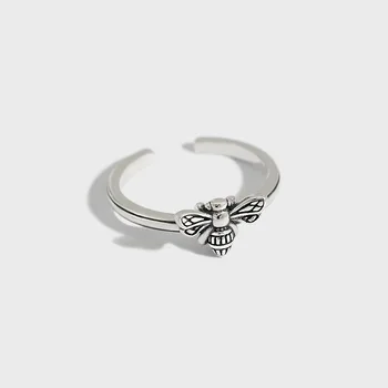 Prata esterlina retro antigo coreano anel ins minimalista vento frio pequena abelha anel feminino abrir o anel de prata