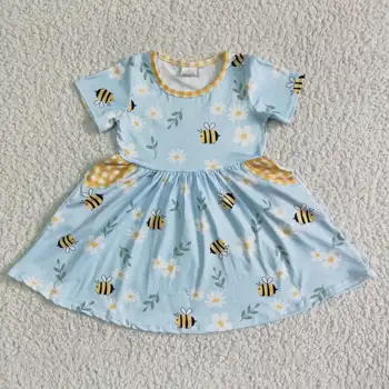 primavera do vestido da menina de bonito de abelha da menina do bebê de bolso manga curta vestido espiralado
