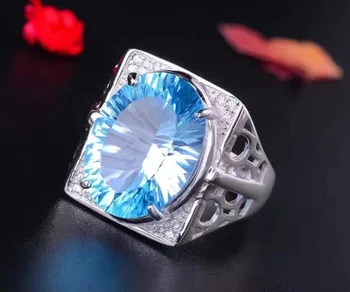 Real E Natural Topázio Azul Anel de Homem anel frete Grátis 925 prata esterlina 12*16mm gem Para homens Finos handworked jóias