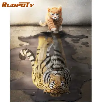 RUOPOTY Pintura a Óleo Por Números Gato E o Tigre Animal Kits de Pintura Para Adultos pintado à mão Enquadrados Na Tela de Decoração de Parede de Foto