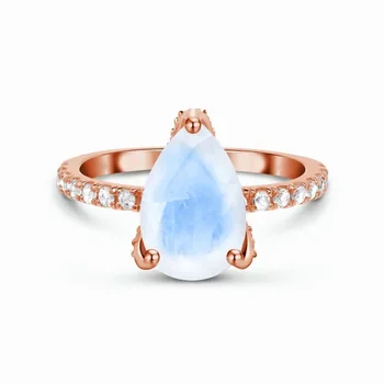 S925 prata micro gota de água moonstone rosa de ouro anel feminino nicho de luz design luxuoso e requintado
