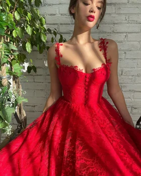 Sevintage Elegante Vermelho Apliques De Renda De Vestidos De Baile, Querida Spaghetti Strap Chá De Comprimento De Uma Linha De Vestido De Festa De Casamento Vestido