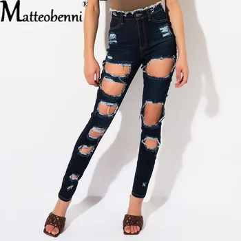Sexy Cintura Alta Buraco Rasgado Ocos Elasticidade Jeans 2021 Verão De Mulheres Novos Moda Casual Slim Streetwear Retro Jeans Lápis