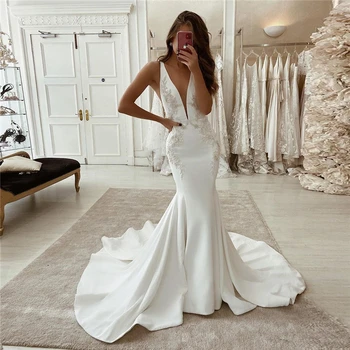 Simples De Cetim Vestidos De Casamento Da Sereia Vestidos De Noiva 2022 Apliques De Renda Profunda V-Neck Sexy Sem Encosto Vestido De Noiva Vestidos De Noiva