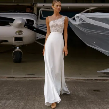 TIXLEAR Elegantes Lantejoulas Esferas Vestidos de Noiva Em 2022, O Chiffon com Decote em Uma Linha-sem Mangas Trem da Varredura de Volta Botão de Vestido de Noiva Com Cabo