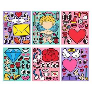 Valentine Adesivos Para Crianças 6pcs Dia dos Namorados DIY Fazer Uma Cara de Adesivos Anjo Com o Coração Adesivo de Misturar E Combinar Amor Adesivo
