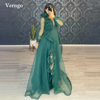 Verngo Modesto Esmeralda Verde/Azul Tulle Vestidos De Baile Puff Mangas Compridas Babados, Decote Em V Fenda Mulheres Árabes Mãe Formal Vestidos De Baile