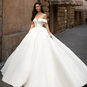 Vestido de Noiva de Barco Pescoço Simples Bola Vestido de Noiva Vestidos de 2019 Luxo Bruidsjurken de Cetim Branco manto de mariage Vestido de Noiva