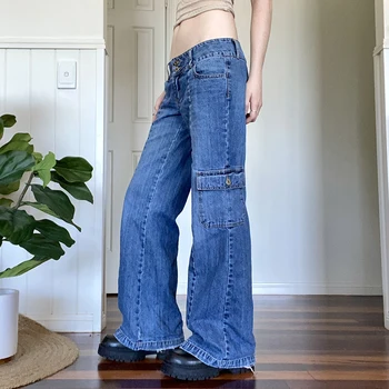 Vintage Harajuku Azul Jeans Estilo Punk Duplo Botões De Cintura Baixa Bolsos De Calças Jeans Mulheres Retro Grande Perna De Carga Em Linha Reta Calças