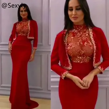 Vintage Vermelho Árabe Vestido De Noite Com Jaqueta De Corpete Laço Da Sereia Vestidos De Baile, Com Gola Alta, Elegante Cetim Vestido Formal Robe De Soirée