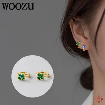 WOOZU 100% 925 Silver coreano Bonito da Flor Verde Zircão do Huggie Brincos para Mulheres Instrução Jóias Pendientes Mujer