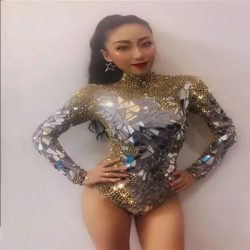 X50 Feminino Strass body sexy cantora realizar macacão de espelho de prata roupas das mulheres vestido de diamantes vestir figurinos dj