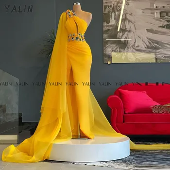 YALIN Um Ombro Vestido de Formatura Sereia Slim Sweep Trem Vestido de Noite Amarelo Dividir 3D Flor Formal robe de soirée femme